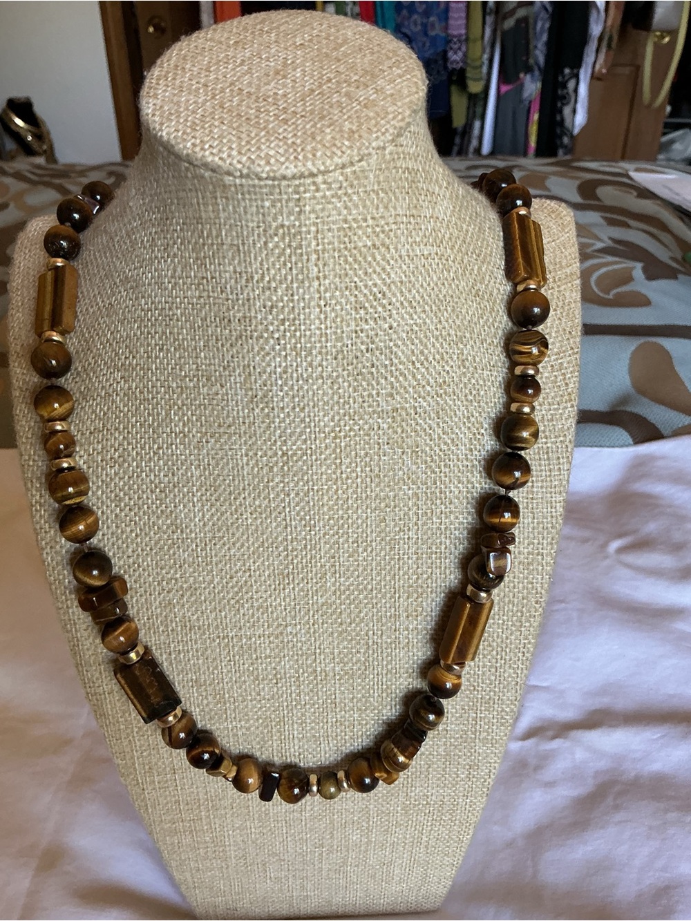 Tiger Eye Beaded Necklace w/ Gold-tone Beads
